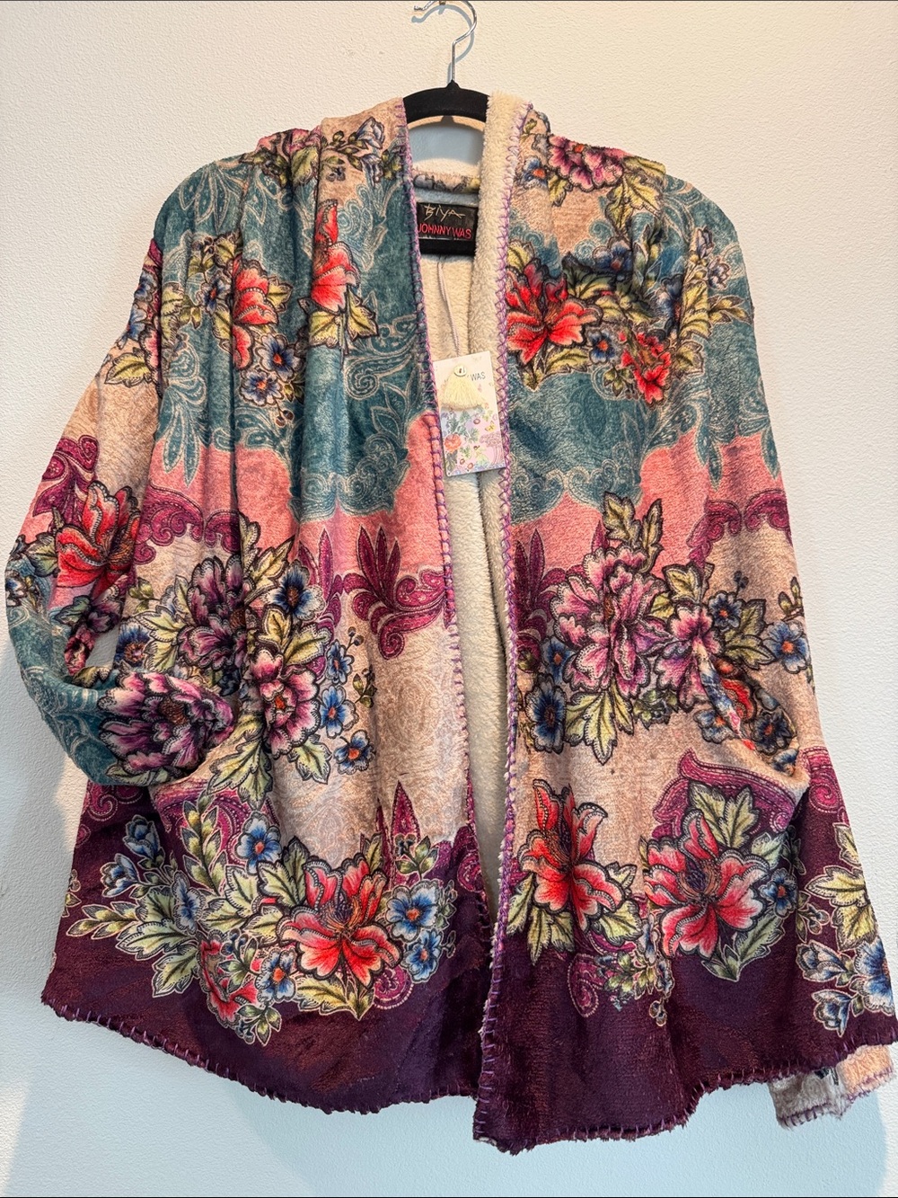 Johnny Was NWT Sherpa Jacket Multi-Color Floral Hooded Open Cardigan